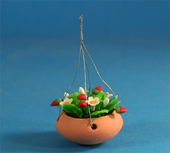 Tc0582 - Pot de fleurs à suspendre fleurs et fraises